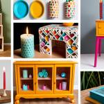 **A vibrant collage showcasing diverse DIY projects:** Include images of upcycled furniture, handmade candles, personalized decorations, and a 3D-printed object. The style should be colorful and inspiring, highlighting the endless possibilities of DIY.